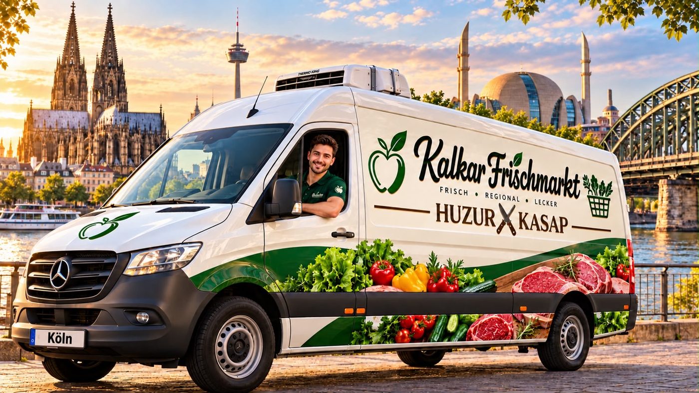 Lieferwagen des Kalker Frischmarkts mit Kölner Dom im Hintergrund